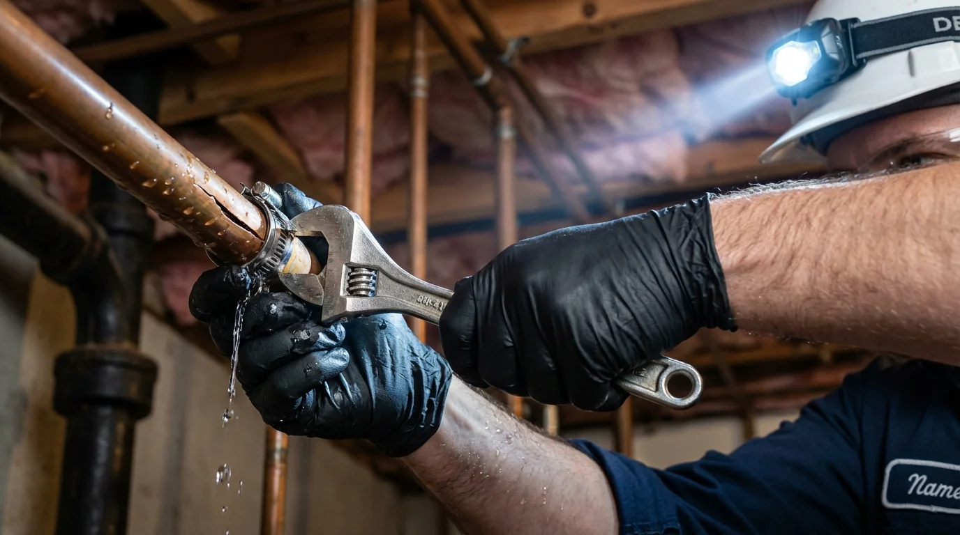 Emergency pipe clamp repair being performed by a Johns Plumbing LLC plumber in Kiowa