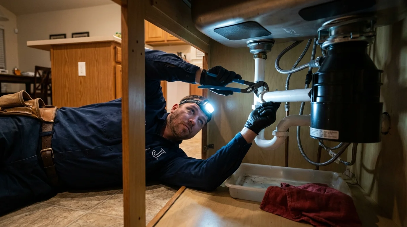P-trap and supply line connections under a kitchen sink showing a common leak point in Kiowa, KS